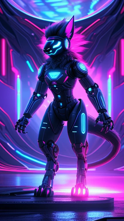 ((((by tanraak)))), Anthro, ((black cat with neon purple accents)), ((male)), ((boy)), ((twink)), (((cyborg))), (((seam lines:0.9))), (((glossy skin:0.9))), skin is rubber, masculine, short purple hair, Solo, Full Body, sci-fi clinic background, cinematic lighting, naked, (((null genitals)))