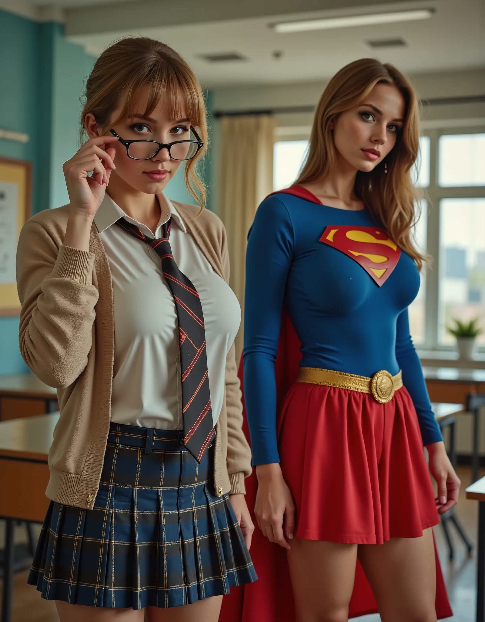 four highly detailed, photo-realistic digital photographs taken in the style of a 35mm film shoot. Each image captures a stage in the transformation of a COLLEGE girl named Tabitha from a shy student into a powerful superhero. Cinematic fantasy aesthetic, soft rim lighting, mirrorless camera quality, realistic textures, and shallow depth of field. School background subtly present, lighting changes with each frame to reflect her transformation. Image 1: A girl named Tabitha stands awkwardly in a classic school uniform—white blouse, plaid skirt, cardigan, and striped tie. She looks gorgeous but reserved, adjusting her glasses with one finger, her eyes slightly averted. Her expression is timid and innocent. Warm, soft lighting reflects a quiet school photo shoot. Image 2: Just moments later—Tabitha has started to unbutton her blouse, revealing a glimpse of a vibrant red-and-yellow “S” symbol beneath, part of a 1980s-style Supergirl costume. Her eyes now glance forward with a spark of inner confidence. Her expression is a mix of hesitation and realization. Hair begins to fall loose, lighting grows more dramatic. Image 3: The transformation intensifies—her school shirt has vanished, revealing most of the classic 1980 Supergirl suit. Tabitha's body is now visibly stronger, her physique becoming muscular and powerful. Her glasses are gone. Her posture has shifted—taller, confident, and heroic. Her eyes glow faintly with inner energy, and her red cape begins to flow around her. Costume details are intricate and authentic. Image 4: Tabitha stands fully transformed—now confidently wearing the full 1980 Supergirl costume. Bold red cape flows behind her, blue suit with gold belt and boots, the “S” emblem stretched across her muscular chest. Her hair is fully down, wind-swept, her stance fierce and majestic. The school setting is blurred in the background, spotlighted like a dramatic comic book-style hero reveal. Her transformation is complete. Photo-realistic. Fantasy