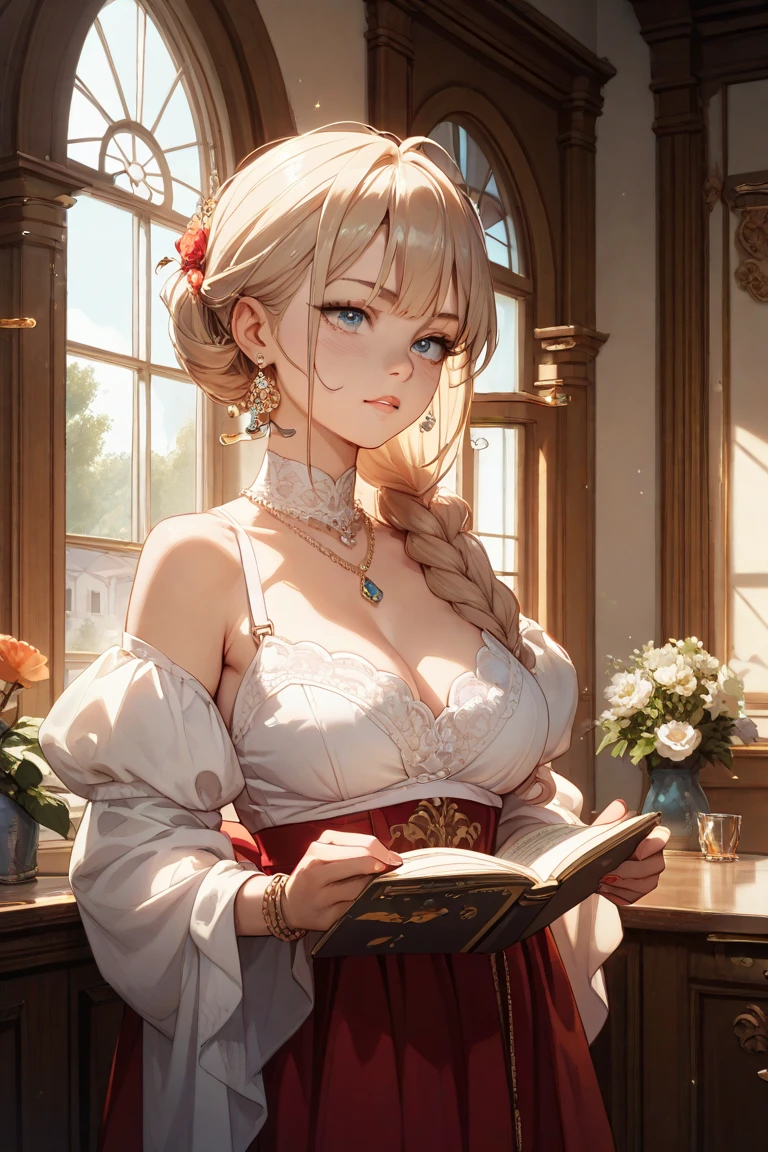 1980s anime mature female, large breast, (nsfw:0.8), cleavage, detailed eyes & face, beautiful dress, \[romantic cafe scene, vintage attire, across a candlelit table, warm and affectionate expression, mature character design, natural hair colors, soft pastel color palette, slice-of-life atmosphere, cozy background with bookshelves, and soft jazz music playing, mature romance theme, intricate details in the cafe ambiance and character expressionilf, (breasts resting on table:1.4)