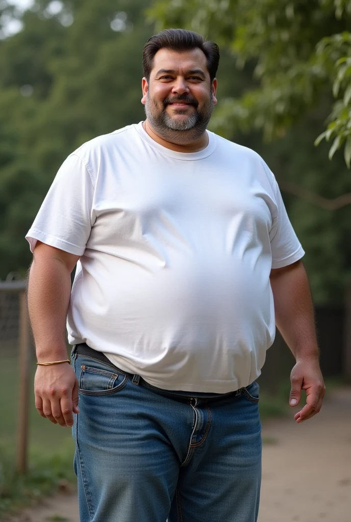 Fat indian oldman, fat body, obese, double chin, full white moustache, full white short hair, he is about 90 years old, standing