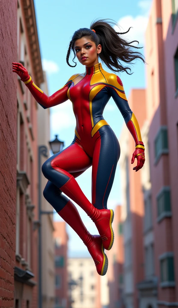 Obra maestra, La mejor calidad:1.2), ((muscular:1.5)) ((hembra:1.5)),tetona,curva, ((girlish)), sexy, Grande_Tetas,(Pintura digital: 1.4), Una hermosa mujer con un disfraz de Spiderman, Frente al espectador, De pie en un edificio, Antecedentes urbanos, La mejor obra maestra, Muy alto detalle, realista, 8k,