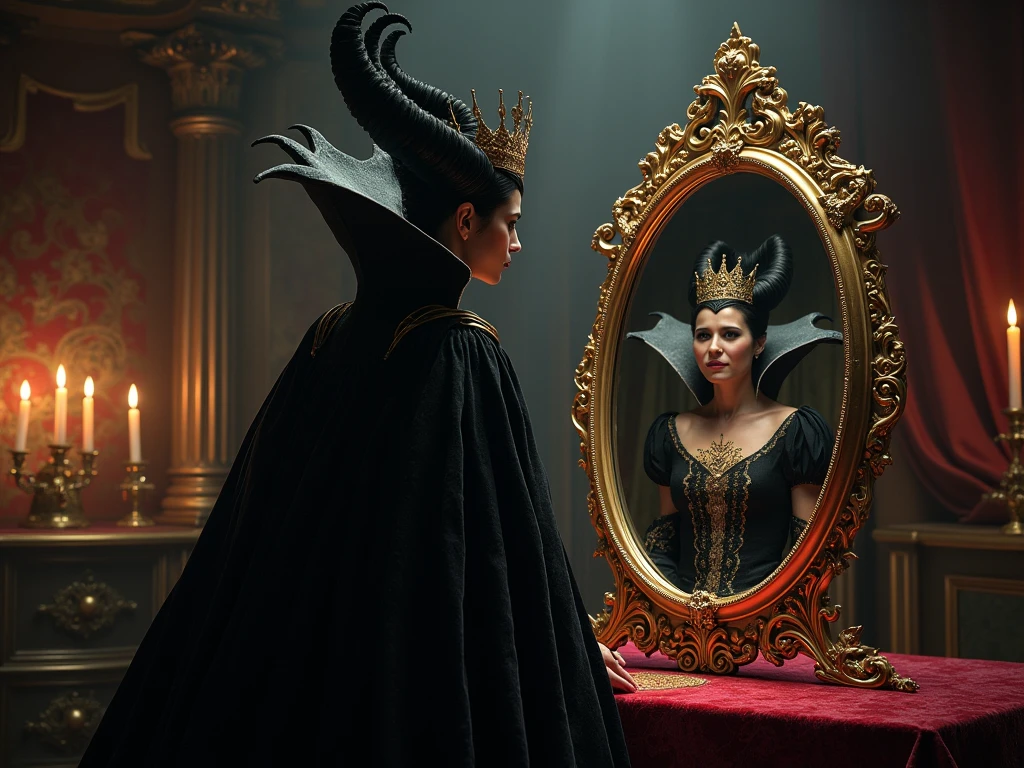 A mystical, inscrutable fog slowly engulfs aevil queen from disney woman, her shadowy form cloaked in ambiguity. Foreground features an antiquated, elaborately decorated mirror that reflects an indistinct image, signifying the hidden truth of her identity. The entire scene is immersed in nuanced hues of riddle and secrecy, hinting at the enigma contained within the yet to be revealed narrative of a daughter unearthing her concealed history.