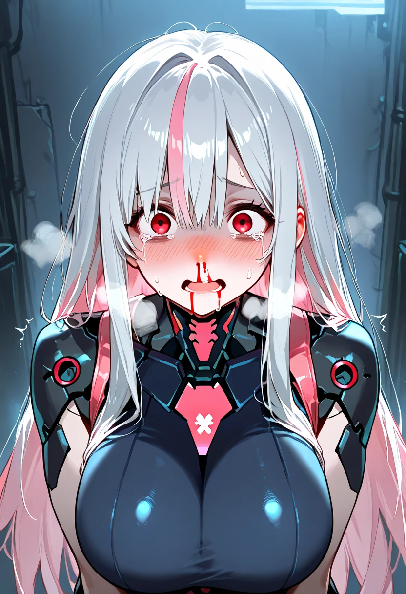 CUM ALL OVER, TIT fucking cock, pov, white hair, masterpiece, best quality, 1 girl, supine, kneeling, pale skin, messy hair, red eyes, glowing eyes, creepy, creepy smile, crazy expression, CUM on face, naked, creepy, scary, horror, light particles, night, iron bracelets with chains