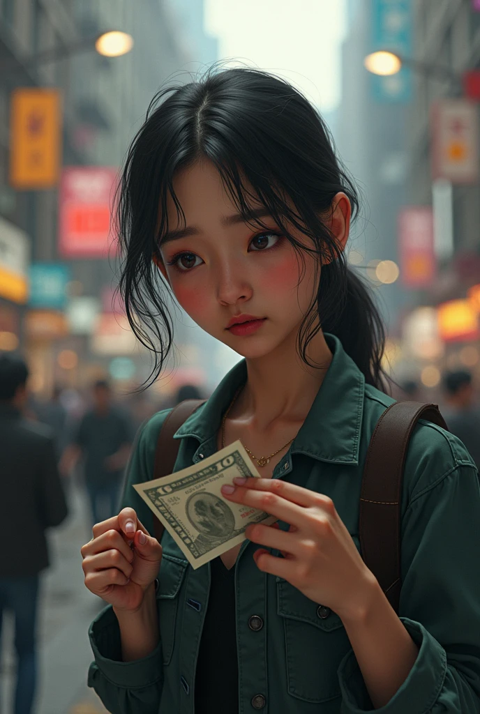 (((medium full shot))), (photorealistic, photorealism, best quality, ultra-detailed:1.3), (nice hands, perfect hands), official art, cinematic light, (1girl:1.3), adult, solo, ((cute)), brown hair, long hair, green eyes, glossy lipstick, gorgeous makeup, blush, earrings, sexy 24 year old, white skin, long wet hair, ginger hair, freckles, female focus, lustrous skin, parted lips, slender, (gorgeous face), futuristic, (money raining:1.6), dim background, red and blue lighting, contrast mixed lighting, moning the relying down
