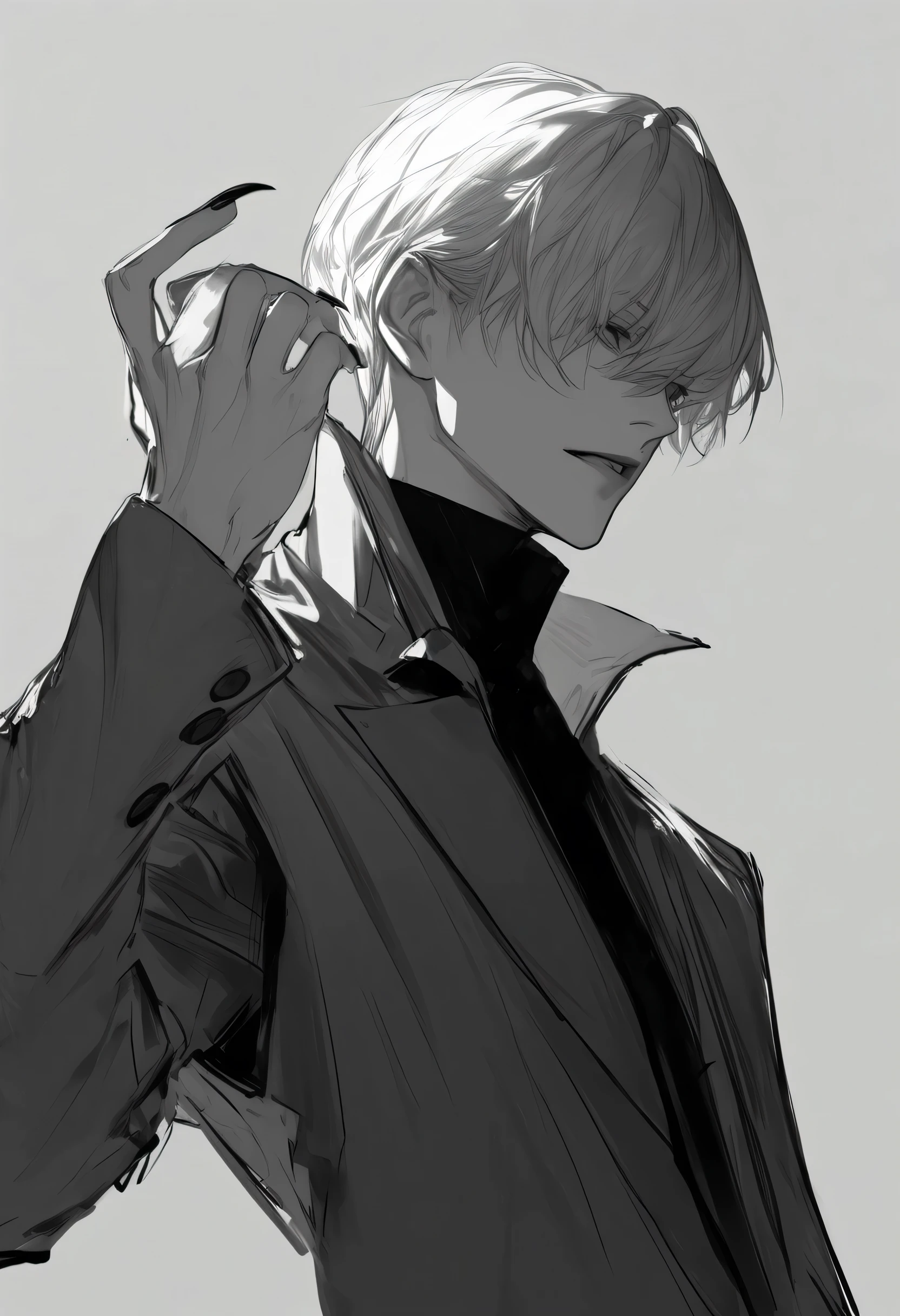 男生,一个男生,暗黑色系,Anime - style grayscale sketch of a character with an air of mystery. The character has long, light - colored hair and is wearing a dark garment with a high collar. One hand, with long, claw - like fingernails, is raised to the side of their face. The background is plain white, which makes the character stand out prominently. Employ loose, expressive line work to capture a sense of elegance and enigma. --ar 1:1 --s 1200 --niji 5