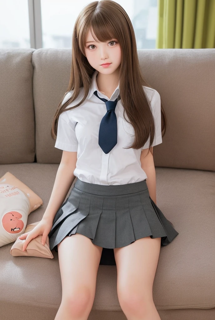 Top Quality,extremely highly detailed,​masterpiece,realisitic,Photo real,bright lighting,1 girl in, Very beautiful 17-year-old girl, (kawaii:1.2),faint smile, (Brown eyes),(light brown hair),(bangs),perfect shiny skin,Flawless skin,((Erotic,Sexy and sexually explicit)),((Precise hands without dissonance)), big full breasts, big breasts and a thin waist, Watch your audience,,((Long sleeve uniform white shirt:1.1)),(pink mini pleated skirt:1.3),(Show Panties:1.6) , (panties under the skirt:1.3), Wearing panties,((Sits,Open Legs Wide)), daytime,on a table, your back to the window, Smiling broadly, (spread legs:1.5), (tight fitting clothes), cute tie:1.1