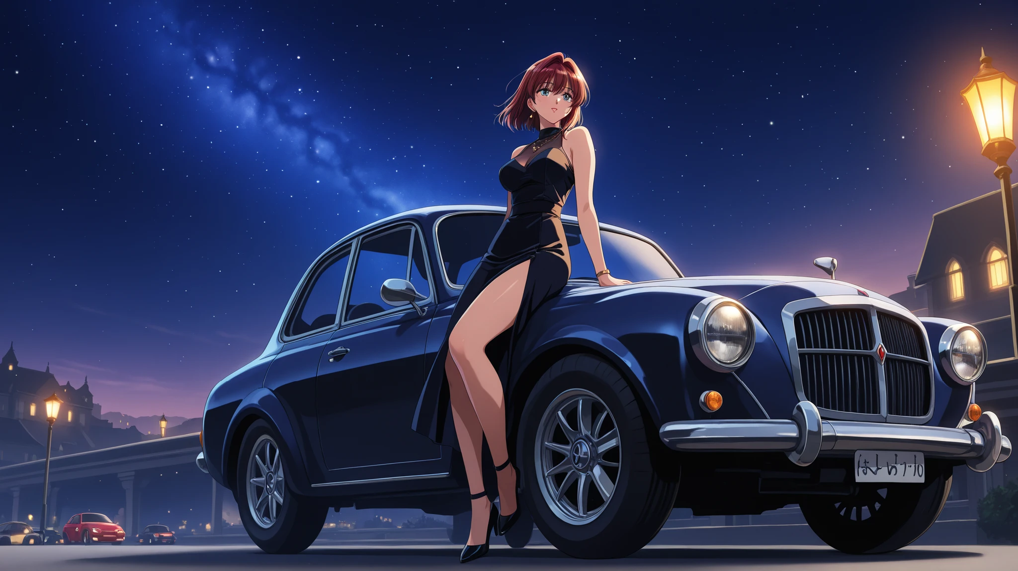 woman and her car in the dark night starry sky retrowave 90s landscape