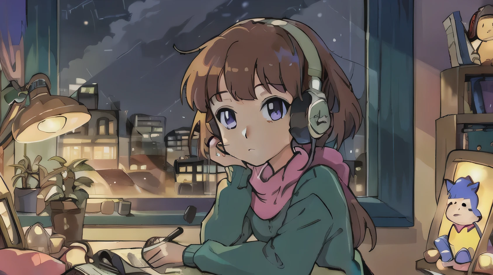 girl listening to music in cozy room at night,using headphones,2D anime style,lofi aesthetic,detailed facial features,sitting on bed,focused expression,long hair,bedroom interior,warm lighting,nightstand,framed artwork,potted plant,fairy lights,pastel colors,soft textures,high quality,4k,masterpiece,ultra-detailed,vibrant colors,digital painting