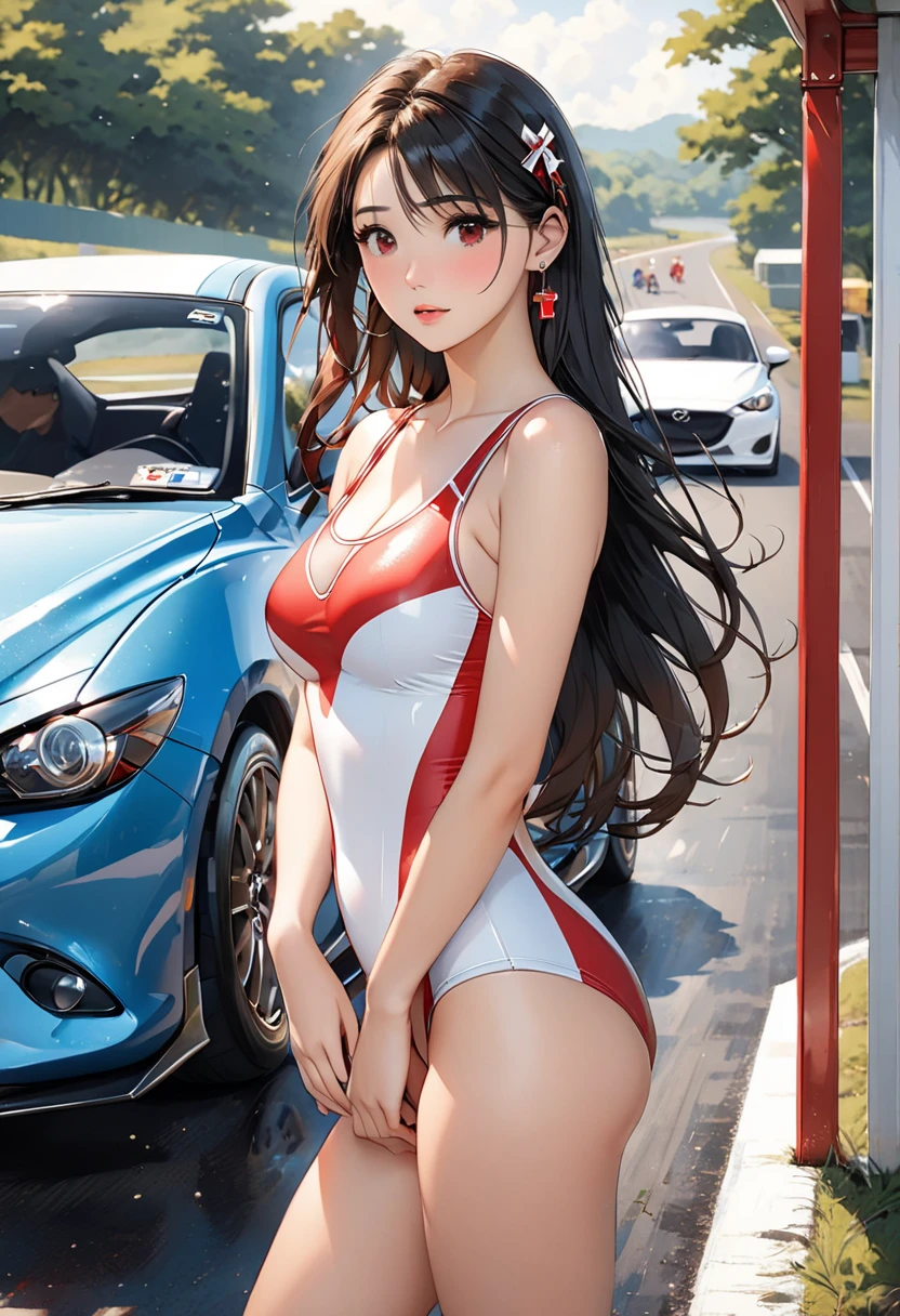 Girl、Pink leotard、Race Queen、Red sports car