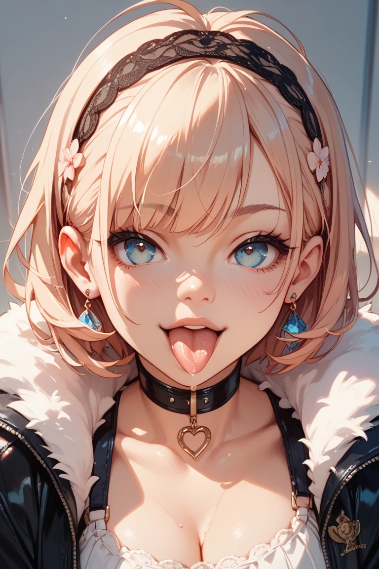 (Highest quality:1.2, Very detailed, Latest, Vibrant, 超High resolution, High Contrast, masterpiece:1.2, Highest quality, Best aesthetics), (((1 girl))), Carefully drawn oral cavity, Beautiful female mouth, Beautiful teeth alignment, Detailed depiction of the back of the throat, Glossy lips, Rouge, Stick your tongue out, Oral mucosa, saliva, (Close-up of the mouth:1.1, Front view), Off the shoulder, Beautiful décolleté, Obscene, Foster a sense of inferiority, Obscene eyes, Lewd smile, Professionalism, Bright colors, High resolution, correct perspective, (Soft focus throughout).