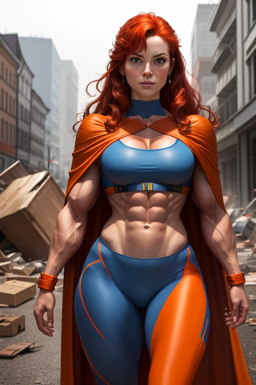 (Busty muscular brute cute Lorah, huge strong biceps volume, huge firm breasts volume, enormous tits volume, strong tonned exposed abs, muscular strong legs, bodybuilder muscles bursting in strength, exposed abs skin, city destruction fire background, tight superheroine leather blue underwear, light orange cape, ginger ponytail, blue eyes