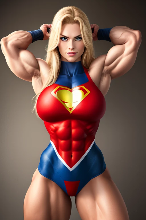 (Muscular:1.9), (thick thighs:1.8),
blonde female, (supergirl), (big smile:1.7), (blunt bangs), (ponytail:0.8),
earrings, lipstick, eyeshadow,
hard nipples, (small breasts:2),
(blue sleeveless tanktop, cleavage, midriff, tight red gym shorts:1.9), (small cape:1.3), (choker:1.2), (active pose:1.5),
looking at viewer, three quarter view, (upper body view),
(skyline background:1.2), rim lighting, two tone lighting, dim lighting, bokeh, detailed skin, detailed eyes