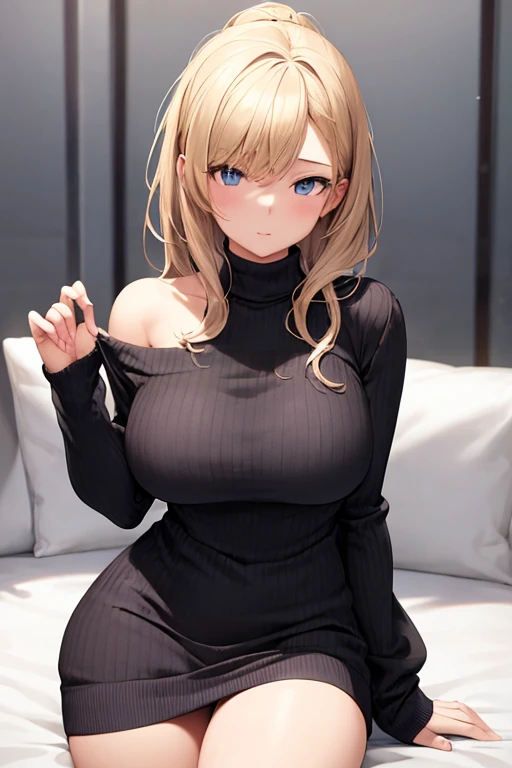 (High quality, High resolution, Fine details), BREAK (Black off-shoulder sweater), solo, curvy women, sparkling eyes, (Detailed eyes:1.2), smile, blush, Sweat, Oily skin, shallow depth of field