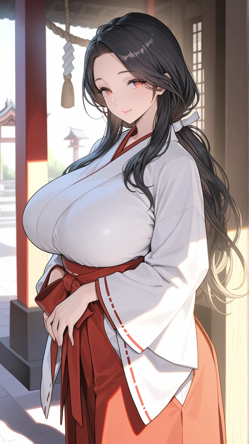 masterpiece, best quality, anime Illustration, 4k, 1 girl, solo, standing, long hair, black hair, violet eyes, high ponytail, red hair ribbon, red ribbon, red hakama and white kimono, thin fabric, nipples, erect nipples, big breasts, huge breasts, looking_at_viewer, motherly smile, upper_body, dark skin, ((Village background:1.0)), ((dark skin: 1.5)), , ((parted bangs: 1.4)), parted bangs, large forehead, purple eyes, red hakama