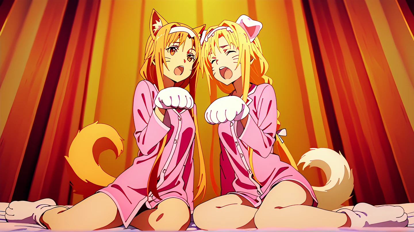 Date-A-Live:3, (Lumine with fox ears:1.5, Yuzetai, Yuzetai assertive female donmai.us), 3girls, fox girls, blonde hair, selki, arknights, fox ears, shaders, assertive female, girl on top, breast, Pov:2, stomach, shirt, princess connect, hugging viewer, drool, saliva trail, leaning in, depth perception, leggings, happy, looking at viewer, cloudy eyes, no_pupils, professional:2, beautiful eyes, lustful eyes, lustful expression, tails, wagging tail, pajamas, dog bone pattern on pajamas, selfie:1.1, centered:1.1, middle third:1.1, smooth lighting:1.1, HD,