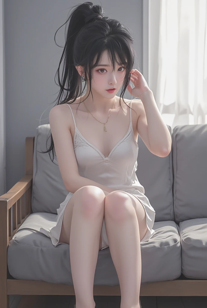 Oversized floor-to-ceiling windows with oversized waterfalls，The interior is neat and white as snow，A woman on the bed was lying on her stomach，Butt pouted sideways，The expression is shy，Slightly drunk，Wearing a black suspender，Black ultra-short pleated skirt，Tong，Over-the-knee white stockings，Excellent figure，Skin is firm and fair，The chest B cups are round，upturned，The legs are slender and well-proportioned，wooden floor，At the foot of the bed is a pair of cute fluffy white rabbit slippers，Dynamic lighting，8K Ultra Clear，Realisticstyle，