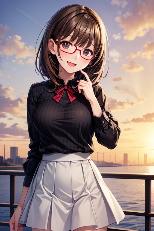 18 yeas old, girl, brown hair, bob cut, Straight bangs, slim, big tits, narrow red eyes, cute, cat ears, glasses,
(embarrassed, blush:1), (ecstasy:0.6), (think:1.8), (smile:1.5), (sweat:1.6), school sailor uniform, no bra, braless, see-through, ribbon, fishnet, frills, Kneesocks, , rose, headdress, loafers,
handcuffs, frontal, standing, centet of attention, alley, sunset