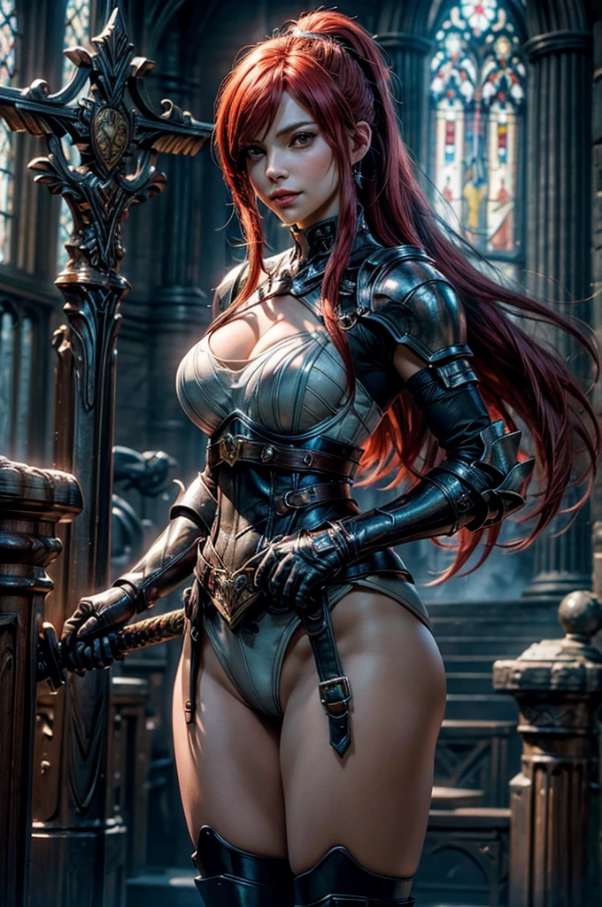 ((best quality: 1.5)) ((masterpiece: 0.8)), intricate details, sharp focus, professional, photorealistic, real life, realistic representation of the face, ((((solo, 1girl) athletic cleric, (suntanned, dark skin, mysterious expression)))), bright glow, dynamic pose, gorgeous perfect face, in the style of realistic and hyper detailed renderings, zbrush, hyper realistic oil, contoured shading, dark room, dark background, black background, solo, BREAK; BREAK ((((smirking, throne room, ((long wavy ginger hair, ponytail, thin hips, skinny)))))), (freckles: 0.7), ((body tattoo: 1.0)), ((fujicolor)), BREAK; BREAK ((((medieval (matte black paladin armor spiked), ((underboob))), photorealistic, hyper-realistic))) BREAK; BREAK (((breast size: -0.4)))