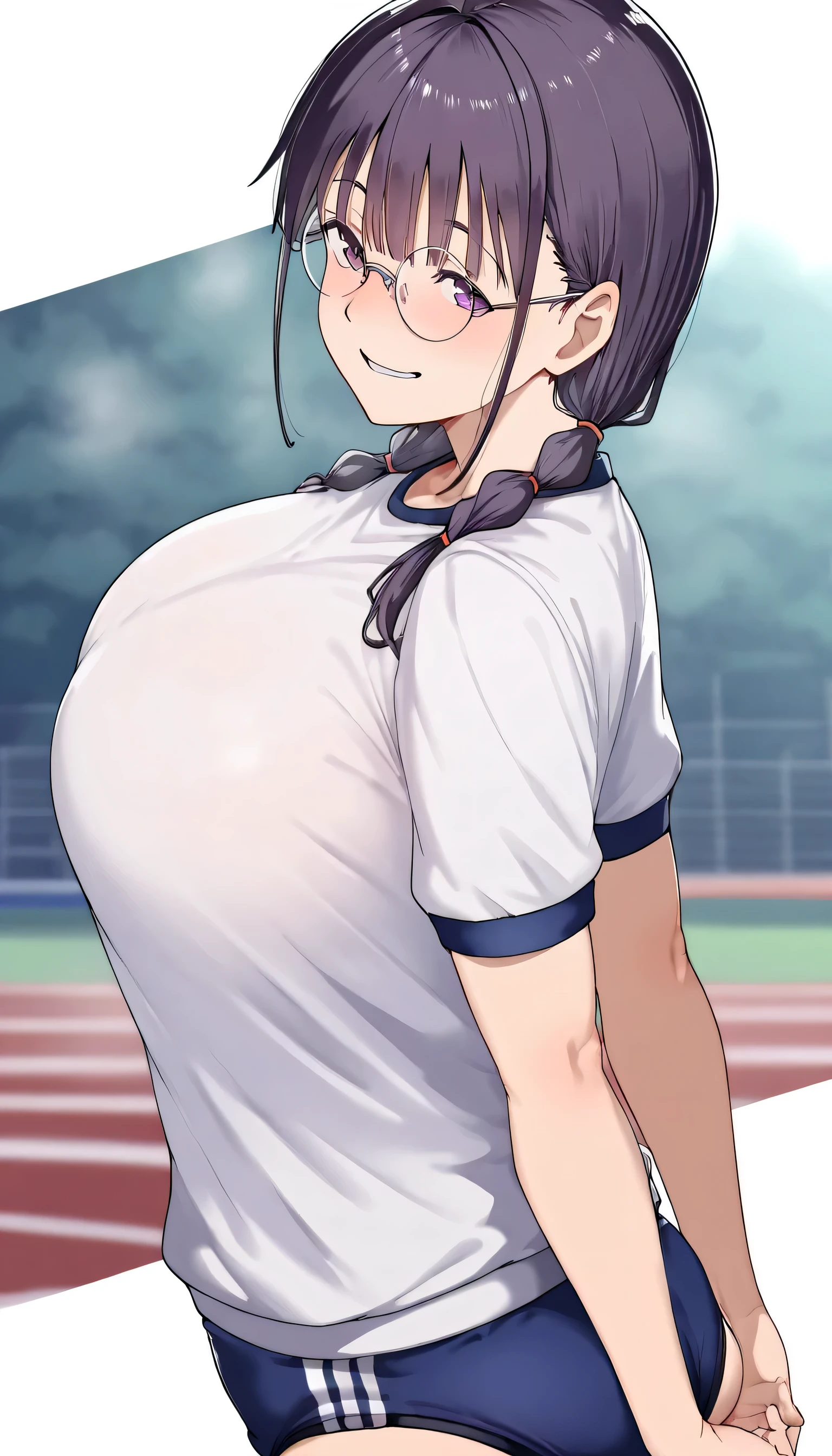 masterpiece,Highest品質,Good Quality,newest,
夜of寝室,
parted lips,
front,smile,
solo,
aTome coloring,
Miyoshi\(nerd_Tomodachi_To_no_sex_of_Highest_To_kimochi_ii\),1人of女of子,紫黒of髪,twin tails on the back,紫と黒of目,round eyewear,
big breasts,
school gym buruma,front