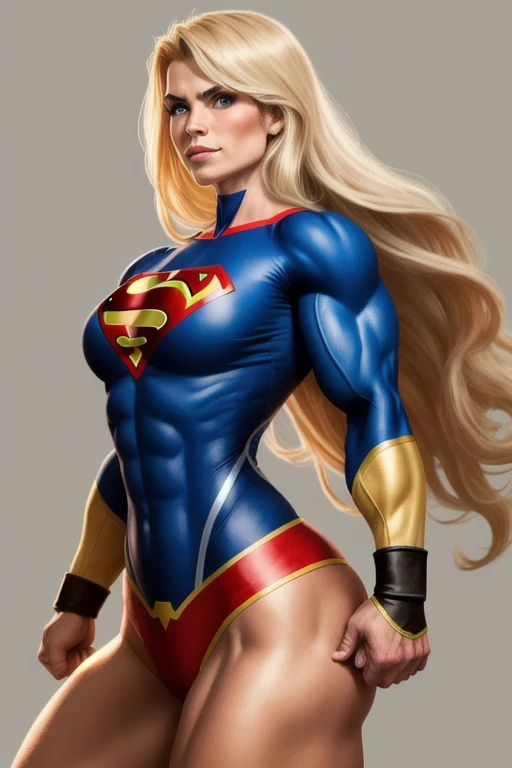 Semi-realistic digital art with soft strokes and oil shading. A blonde superheroine with long flowing yellow hair, muscular arms and extremely muscular legs, an oval face, and almond-shaped blue eyes. She should have a serious expression and be in a confident pose with her hands behind her head. The character is wearing a blue bodysuit with the iconic Superman symbol an 'S' on the chest. The lighting should highlight her musculature, emphasizing the details of her muscles. Image inspired by Artgerm. She is on a neutral background.