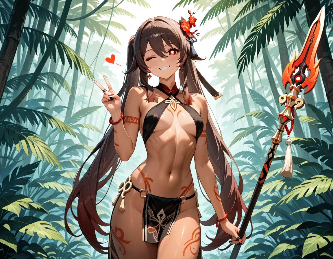 Woman with dark brown skin, with long black hair down to her hips, with her face painted with dark red paint from the nose up. She has two feathers on the back of her head, one green and one blue, attached to a tiara of vines and fibers. She is wearing a brown leather top with no collar, sleeves or straps, covering her breasts, And wears a brown leather thong. She is holding onto a tree branch with her feet, while holding a half-eaten banana.