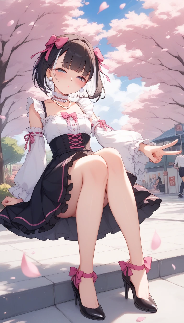 (Masterpiece, top quality, high resolution, realistic photo, realistic looking skin:1.1),
(Woman walking in park lined with cherry blossom trees:1.2),
(Skirt billowing in the wind: 1.8),
(Fully exposed panties:1.8),
(grinning shyly:1.5),(grinning expression:1.5),
((She is wearing a black off-the-shoulder long-sleeved knit: 1.8), ((She is wearing a black off-the-shoulder long-sleeved knit: 1.8)),
(She is wearing a gray flare-type mini-skirt:1.8),
(She is wearing black middle boots: 1.8),
(I do not wear knee-high stockings because it is too hot. 1.8),
(I do not wear knee-high socks because it is too hot. 1.8),
(Her panties are of a flashy color and pattern:1.5),
(Brown hair in a middle ponytail:1.5),
(Small face:1.5),
(D-cup breasts:1.5),
(Location: a park lined with cherry blossom trees where the wind blows: 1.5),
1 Japanese girl, solo, full-bodied esbian, beautiful eyes, glowing eyes, glowing thighs, NSFW