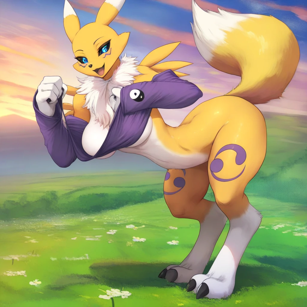 (solo, 1girl), ((8k, ultra-high detail, best quality, masterpiece)), volumetric lighting, bloom, ((renamon, athletic, big thighs, medium breasts)), (dynamic pose, jumping, running), purple boobtube, purple bandeau, black thigh highs, (uploaded to e621, by yourdigimongirl, by doxy, by tsampikos, by ancesra, by teranen, by krokobyaka),