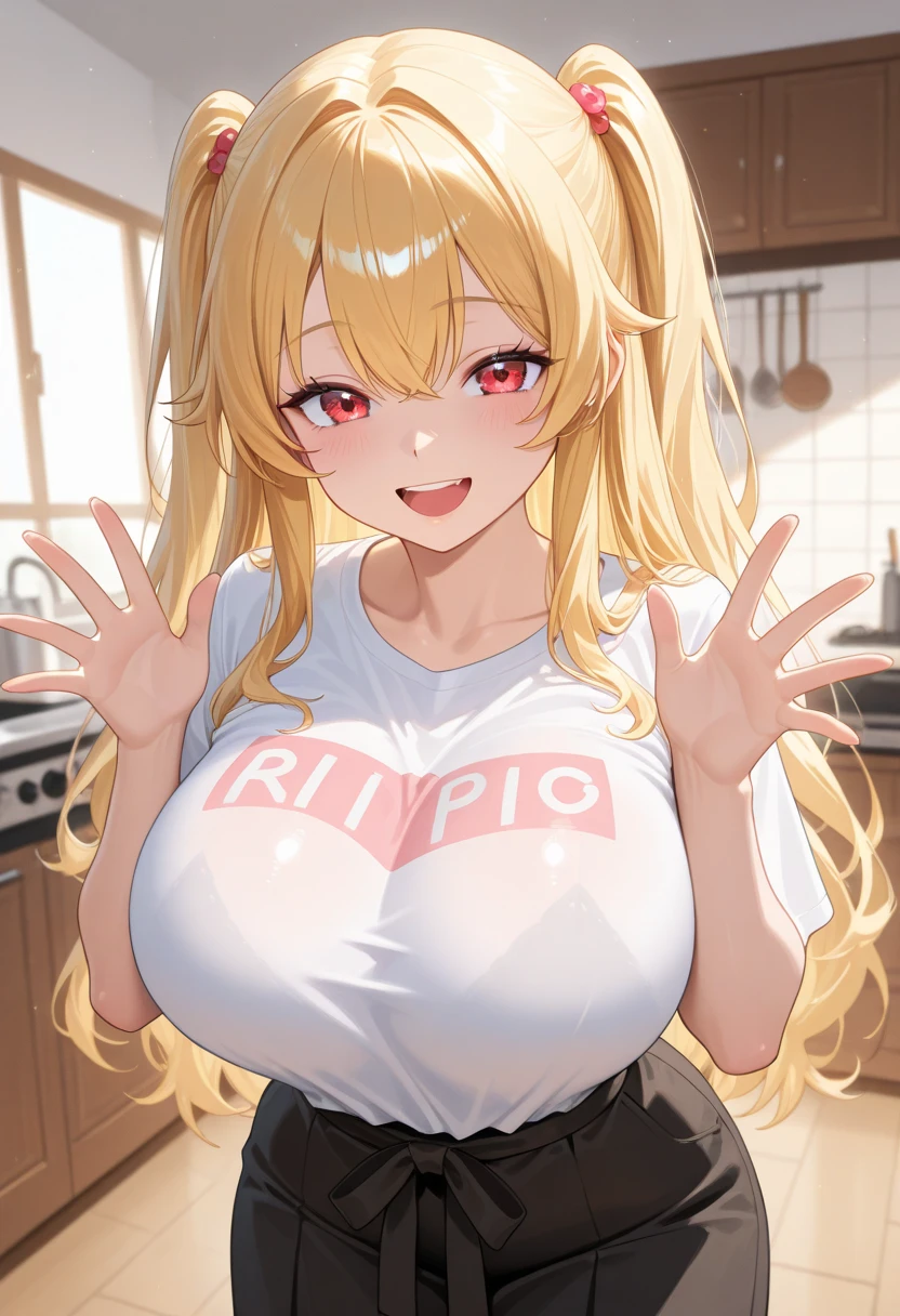 mythra,1girl,solo,Females in heat,heavy breathing,Red and white colored aprons,super huge breasts,looking at viewer,upturned eyes,Taken from the viewpoint above,near,standing up,the front shot,in living room
