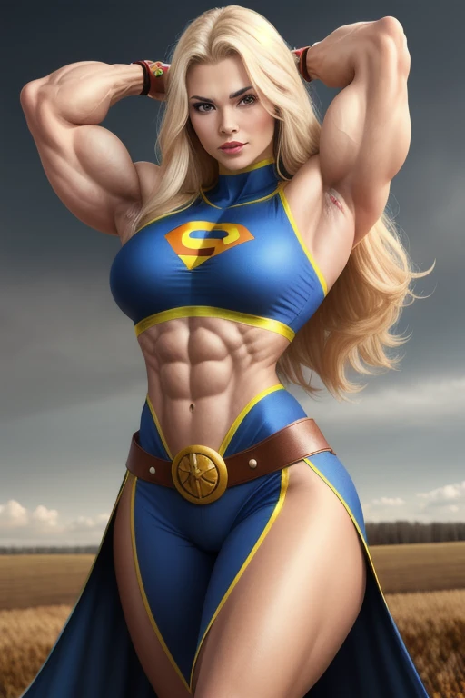 (Muscular:1.9), (thick thighs:1.9),
blonde female, (supergirl), (big smile:1.7), (blunt bangs), (ponytail:0.8),
earrings, lipstick, eyeshadow,
hard nipples, (small breasts:2),
(full body suit, blue bodysuit, cleavage:1.6), (small cape:1.3), (choker:1.2),
looking at viewer, from above, (upper body view:2.1),
(skyline background), rim lighting, two tone lighting, dim lighting, bokeh, detailed skin, detailed eyes