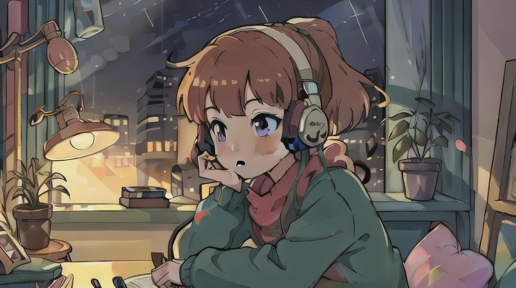 girl listening to music in cozy room at night,using headphones,2D anime style,lofi aesthetic,detailed facial features,sitting on bed,focused expression,long hair,bedroom interior,warm lighting,nightstand,framed artwork,potted plant,fairy lights,pastel colors,soft textures,high quality,4k,masterpiece,ultra-detailed,vibrant colors,digital painting