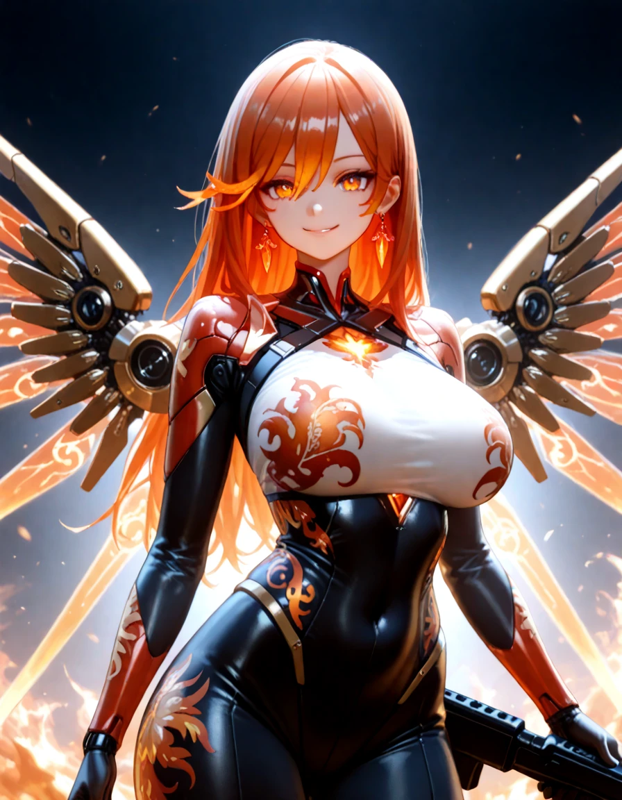 ((best quality)), ((masterpiece)), (detailed), 1girl, angel, orange clothes, glowing orange eyes, orange hair, smile, 6 pack