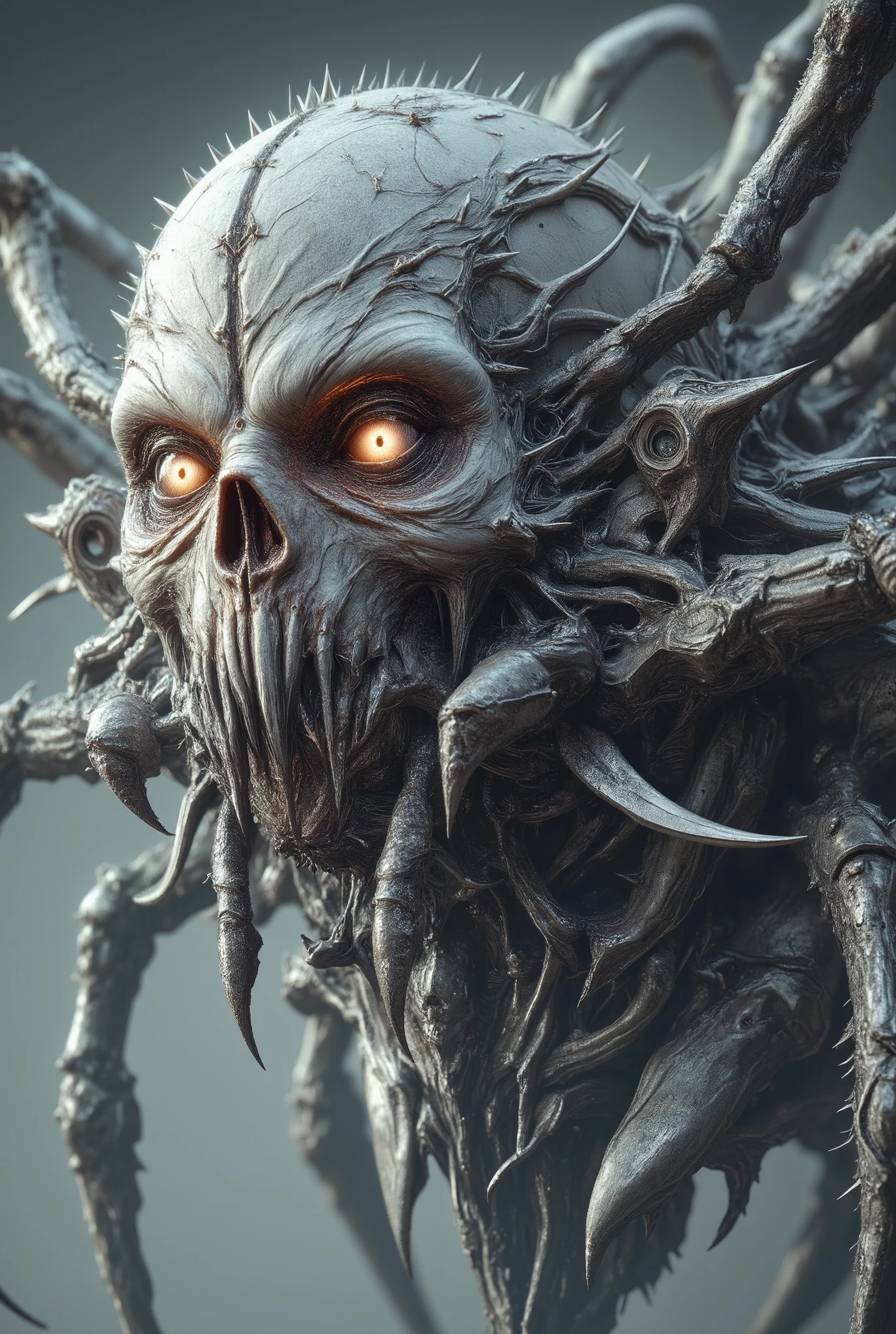 best quality,4k,8k,highres,masterpiece:1.2),ultra-detailed,realistic,photorealistic:1.37,this creature, a terrifying fusion of spider and human female with six arms, embodies a grotesque harmony of two distinct forms. Its upper body retains the unmistakable features of a woman, albeit distorted by the merging process. its eyes gleam with a sinister intelligence, more arachnid than human. (no hair, white skin:1.3),
From the torso sprout four additional limbs, elongated and jointed like a spider's, yet retaining a disturbingly human fleshiness. These arms are equipped with fingers that end in sharp, chitinous claws, capable of rending flesh with ease.
The lower body is a fusion of spider and human anatomy, with the abdomen stretching out behind like that of a monstrous arachnid. Jagged spines protrude from its exoskeleton, each one a reminder of its unnatural origins. The legs, a grotesque combination of human thighs and spider's hairy appendages, provide both agility and strength, enabling it to skitter across surfaces with alarming speed and grace.
In its presence, one cannot help but feel a primal fear, as if staring into the abyss where human and arachnid merge to create a nightmare incarnate.