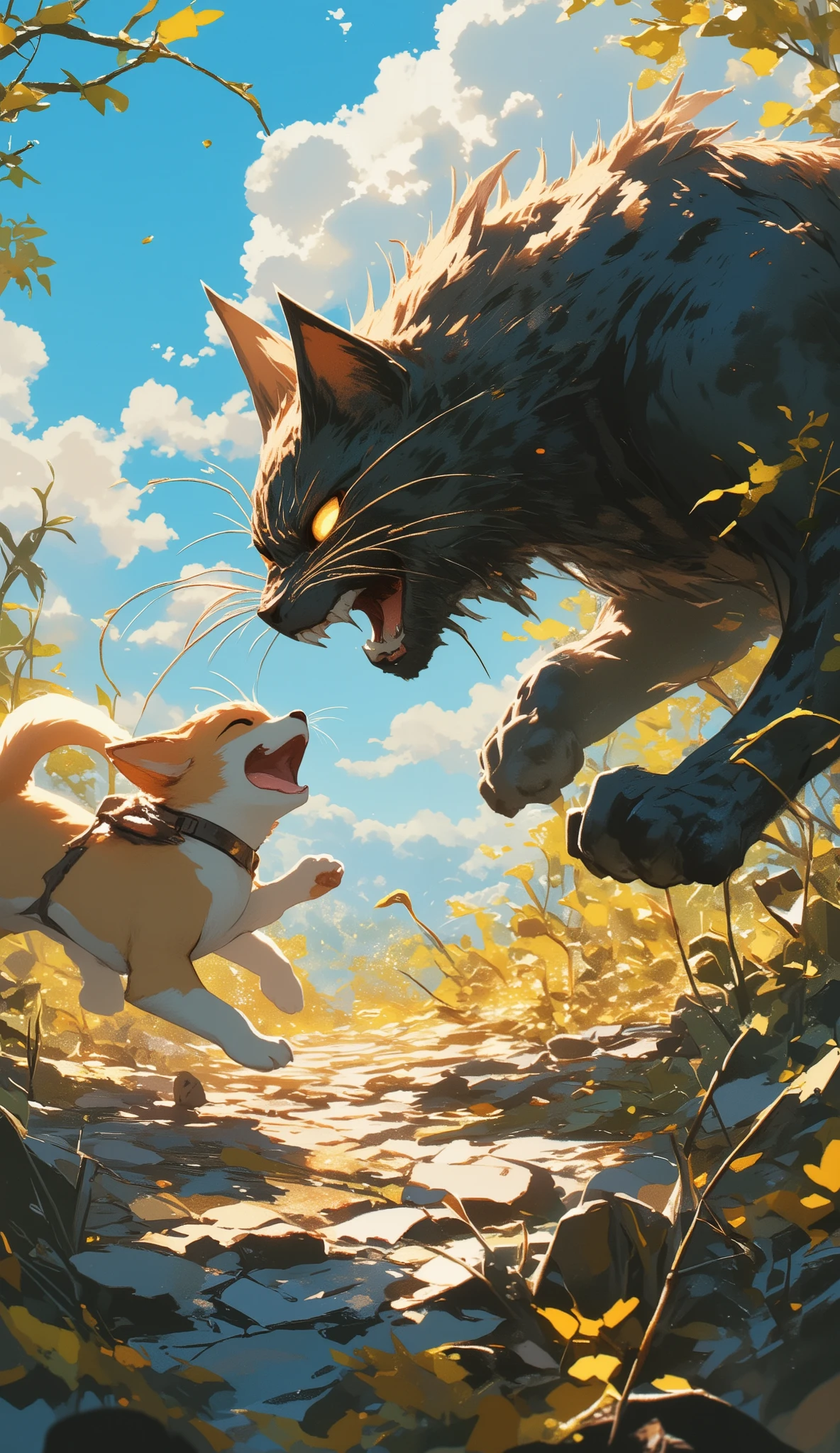 masterpiece, Best Quality, details, Cat and dog battle, fufufu、、A cat that threatens by reversing its fur and a puppy that happily wags its tail