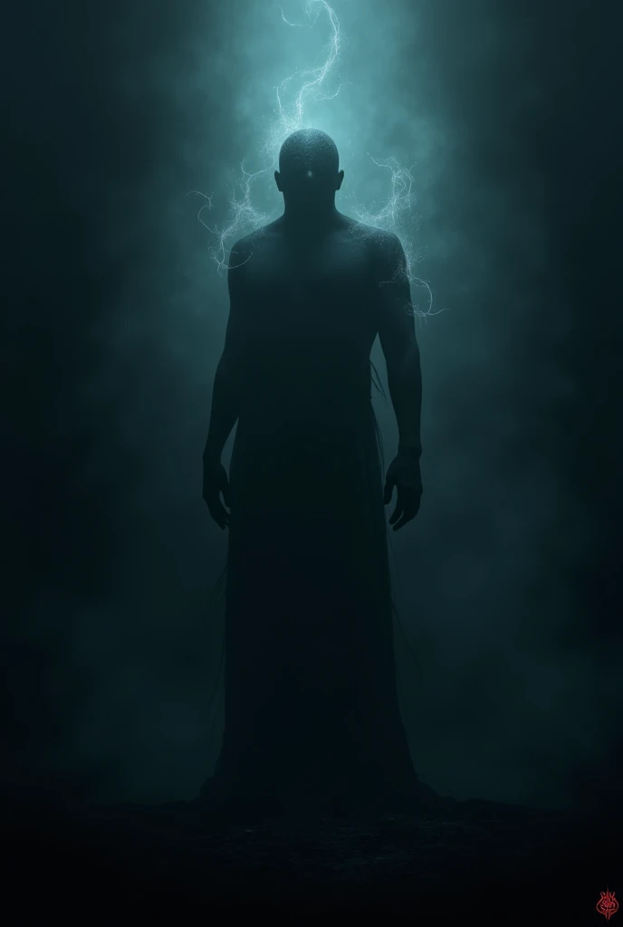 I want you to generate a slender but strong humanoid being, with a penetrating gaze. The background should be dark and behind the being's head a faint blue splendor should emerge