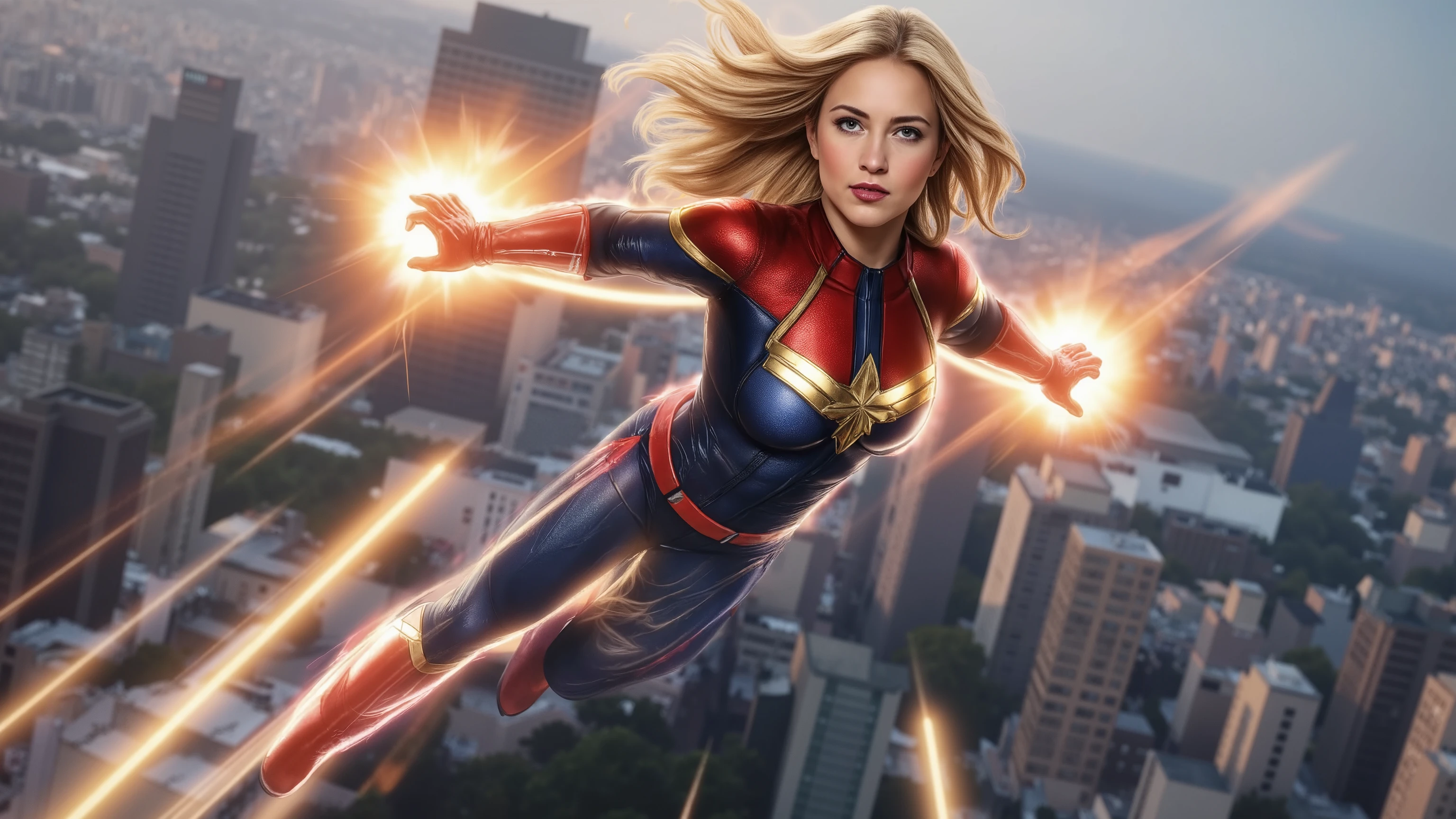 ray tracing, UHD, HDR, 16k, masterpiece, cinematic, photorealistic, award winning, marvel comics character, ms marvel, voluptuous, athletic, beautiful long hair, tight clothes, skin indentation, confident expression, heroic pose, flying in the air, energy effects, city skyline background, glowing energy powers, cinematic lighting, dramatic shadows, comic book art style, digital painting,