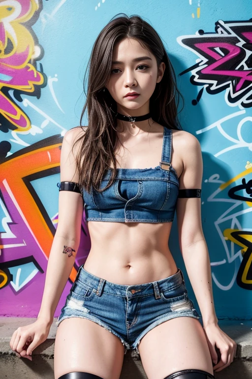 Too realistic, Masterpiece, best quality, ((Lauren Gray, Olivia Dunn's face)) 1 girl, single, naked pubic hair, Denim, choker, (Graffiti:1.5), Color splash, hands behind your back, against the wall, looking for viewers, bracelet, thigh strap, Paint on the body., tilt your head, blonde hair, Eyes gray-blue color of the iris, 8k resolution, complex, complicated details,
