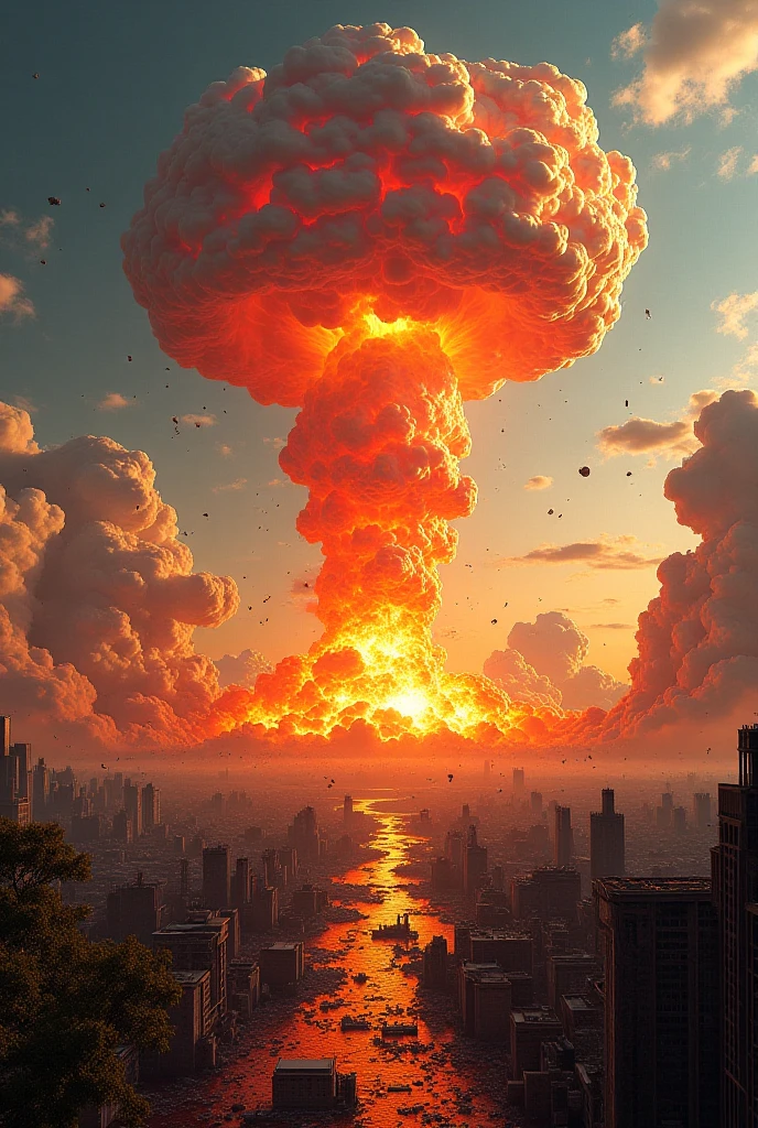 ((best quality)), ((masterpiece)), (detailed), The aftermath of an atomic bombing, with a mushroom cloud rising above a devastated Hiroshima or Nagasaki.