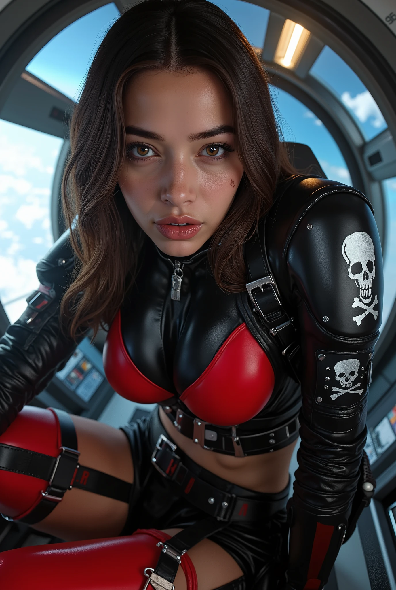 ((top quality)), (Masterpiece)), ( Details: 1.4), 3d, An absurd resolution, high definition, (Masterpiece: 1.4), ultra detail , 1 beautiful Mexican girl, image of the futuristic pirate woman, skull and crossbones mark, female space pirate, Shiny brown short hair, beautiful iridescent eyes, beautiful faces, toned body, muscular, 20 years old, smiling seductively, Spaceship, floating, small, (matte black and scarlet Space Suit:1.4), Tight fitting space suit that accentuates the body lines, Spaceship, window, future, dynamic poses, Costume Change,