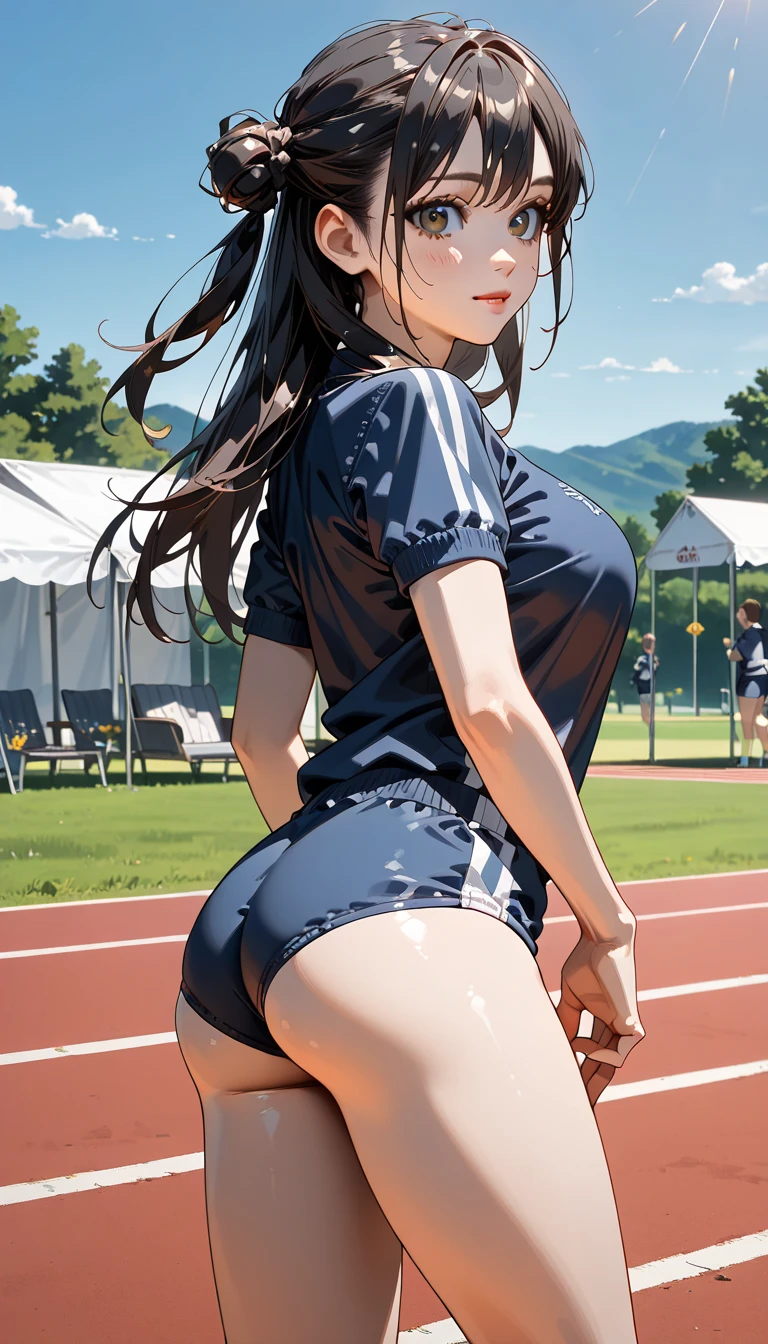 (table top:1.3), (8K, realistic, Raw photo, highest quality: 1.4), Japanese, beautiful face, (lifelike face), (Long-haired hair:1.3), realistic eyes, beautiful eyes, (real skin), beautiful skin, 超High resolution, surreal, High resolution, beautiful japanese woman、(track and field track、athletics stadium:1.5)、(From the back:1.4)、(dig into your butt:1.2)、embarrassed face、(athletics stadium)、beautiful mature woman、meaty、Glamour、squat