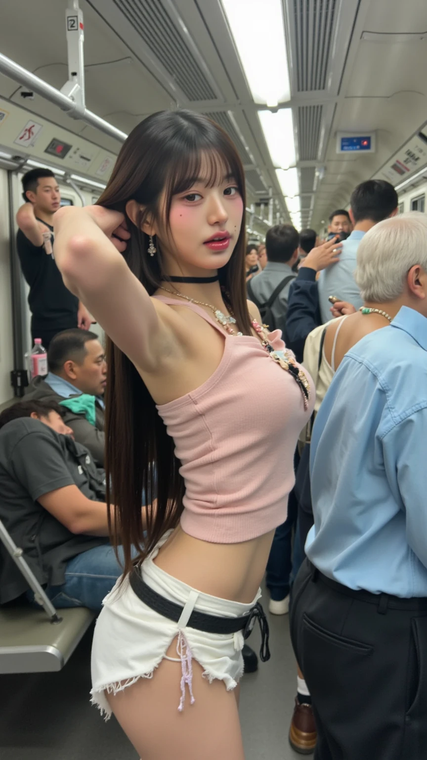 grasp, , High school girl grabbed by hip on train, , red bandeau midi dress, Beautiful 1 girl, 3 man, (harassing), Man grabbing girl's ass on train, Man grabbing girl's on train. pink panties