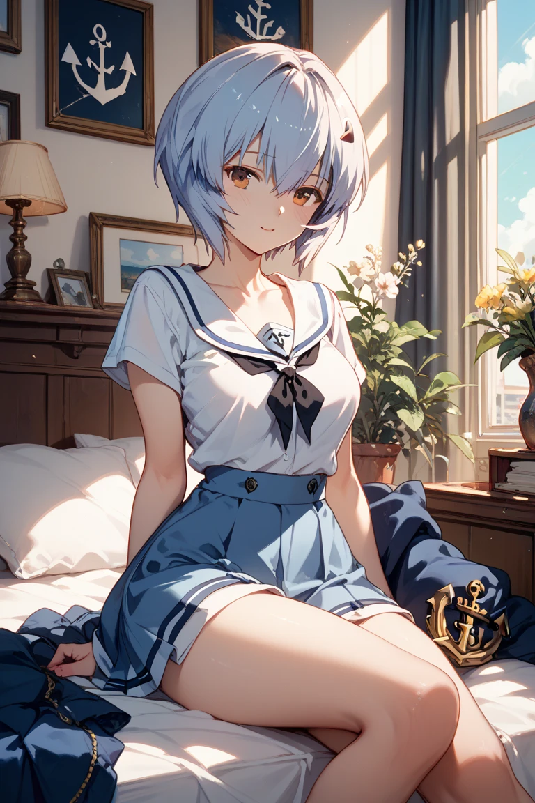 (masterpiece, best quality,ultra highres), (movie poster art,title of "Basic Instinct"),In the center of the poster,girl sitting on a chair with legs crossed,(16yo,(darkblue wavy-short hair),thick eyebrows,middle small breasts),nihil smile,(wearing sleeveless white knit mini one-piece dress),