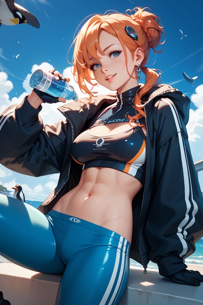 ((masterpiece)), ((best quality)), ((anime profile style)), ((HD 4k)), ((anime character)), ((sweating body)), girl, female face , happy, ((flushed)), smile, ((mouth mask)), light skin, red eyes, Eyelid, Pupil, Sclera, Iris, eyebrow, eyelashes, ear, nose, ((red hair)), neck, shoulders, ((short belly sweatshirt)), (thin waist), ((Short Fitness Shorts)), ((perfect belly)), arms, ((holding a water bottle)), ((thick legs)), ( (big thigh)), backdrop, ((terrace)), beautiful day, sun, clouds, beautiful view, viewer's view