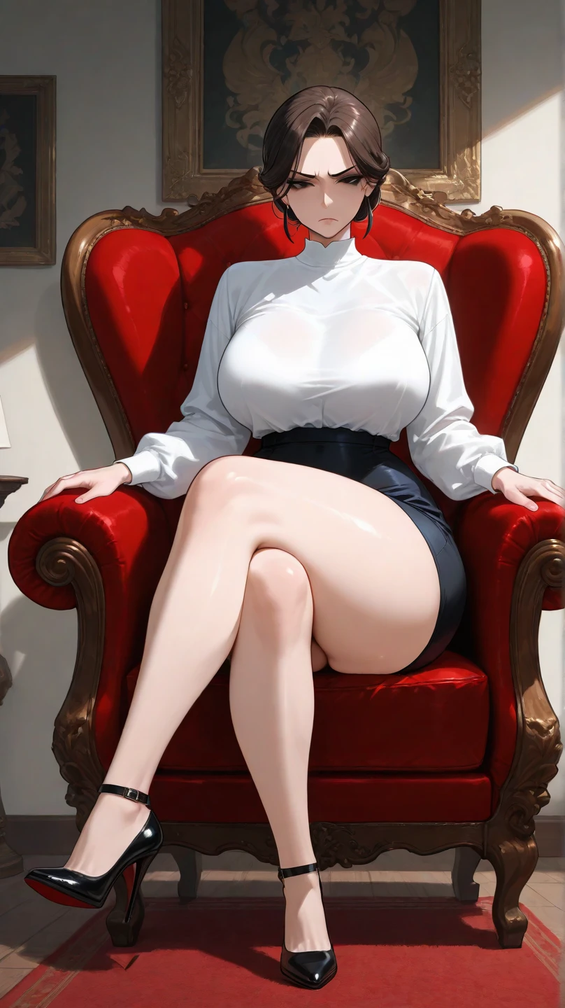 a fat lovely woman。Look at you with tender eyes(Brown eyes) sitting in the jazz room of theater。One hand brushed his trombone and let his bangs slide.,The other hand is behind his back。 is wearing short red dress(Sweaters)medium boob。Black stockings on the fat legs(A detailed)。Wearing cotton slippers on feet。Dewy, smooth and fair skin。There is a cute hairpin on the head。Perfect fat body proportion。Beautiful fat figure。8 k hd wallpaper, white piano(modern style home)the soft light。 。With a charming and charming attitude