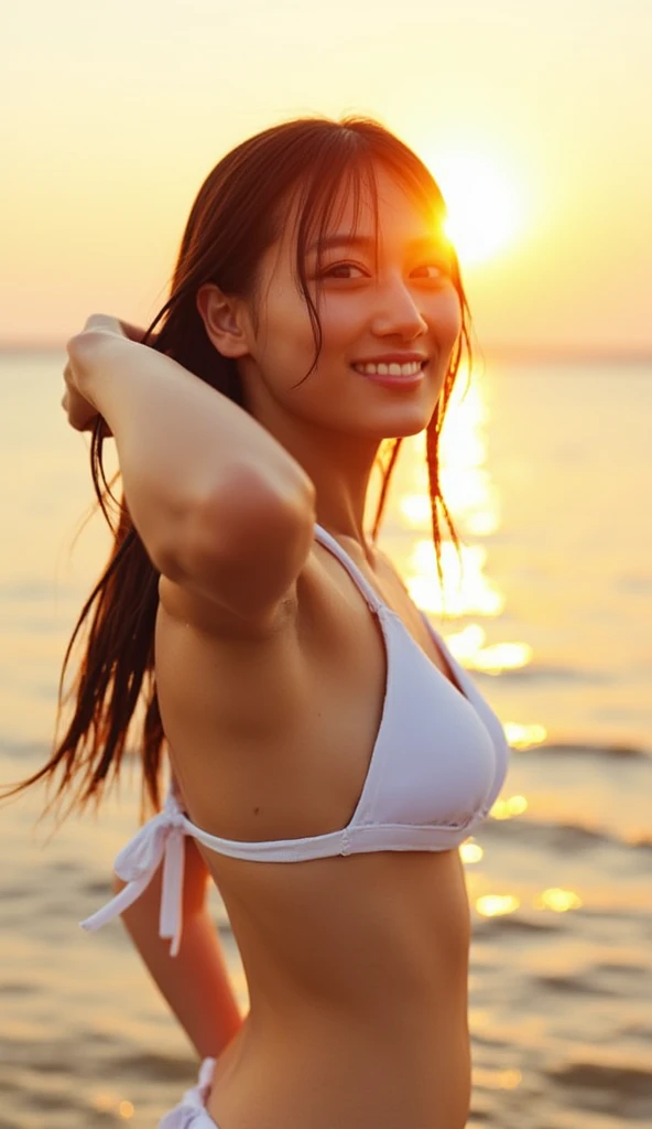 (((Sunset Beach in Hawaii)))、(((Orders from professional photographers、Sensual laughter and provocative poses)))、(((Best waist strap:1.2)))、(((Kneel)))、(Light brown eyes staring into the distance)、(((First Person Portrait)))、Detailed eyes, double eyelid、(((Thin white bikini)))、(((ASA Sensitivity 50 Camera Settings、Spring 85mm、 Opening 1.0)))、(((真っ白な股間に食い込むビキニ姿でKneel)))alone、(Realistic depiction)、(((Leave the facial expressions in the original image as they are)))、Photorealista、masterpiece、In 8K、High resolution、alone、More detailed faces、(Professional Lighting、Bokeh Depth of Field)、(Particles of light、Lens flare、Glowing particles:0.6)、(Dynamic Pose:1.2)、Soft lighting、Low angle view、((Beautiful sunset)) 、((Upward diagonal:1))、(Portrait:0.6)、(Maintains natural facial proportions)、(C Cup Big Chest)、 (Medium Hair)、Floating Hair、A seductive smile、Perfect Anatomy、solo
