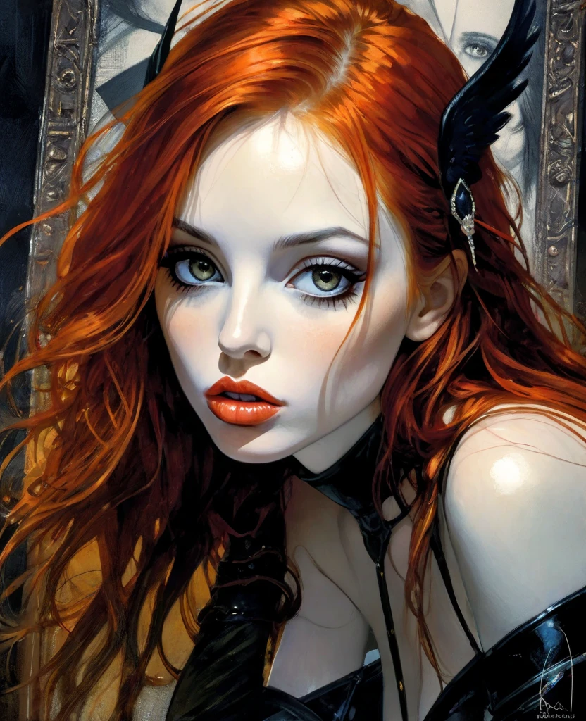 The sexy and dark art of seduction, Darksynth aesthetic, minimalist background, gothic makeup, weird fashion photography (art inspired in Bill Sienkiewicz). oil painting) (best quality,4k,8k,highres,masterpiece:1.2),ultra-detailed,(realistic,photorealistic,photo-realistic:1.37),intricate details,vivid colors,sharp focus,professional,Dave McKean artwork, oil touch of surrealism,oil painting style