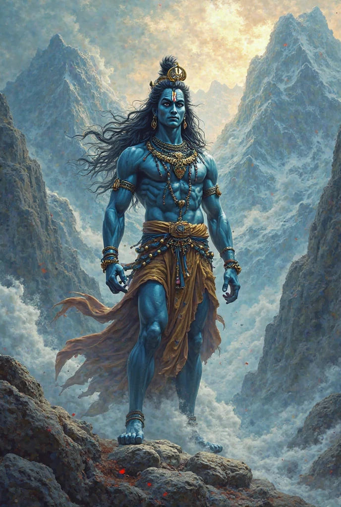 Majestic Shiva's likeness, replete with intricate carvings and ethereal glow, stands amidst a veiled and ruined cityscape with a waterfall fountain as its focal point, in the style of Salvador Dali's surrealist dreamscapes infused with the warm and inviting essence of Thomas Kinkade's tranquil palette and the hyperdetailed, mystical atmosphere reminiscent of Zdisław Beksiński's otherworldly landscapes, a sense of nostalgia permeates the scene as a gaseous mist swirls in a mesmerizing dance, imbuing the air with an omnipresent and willful power