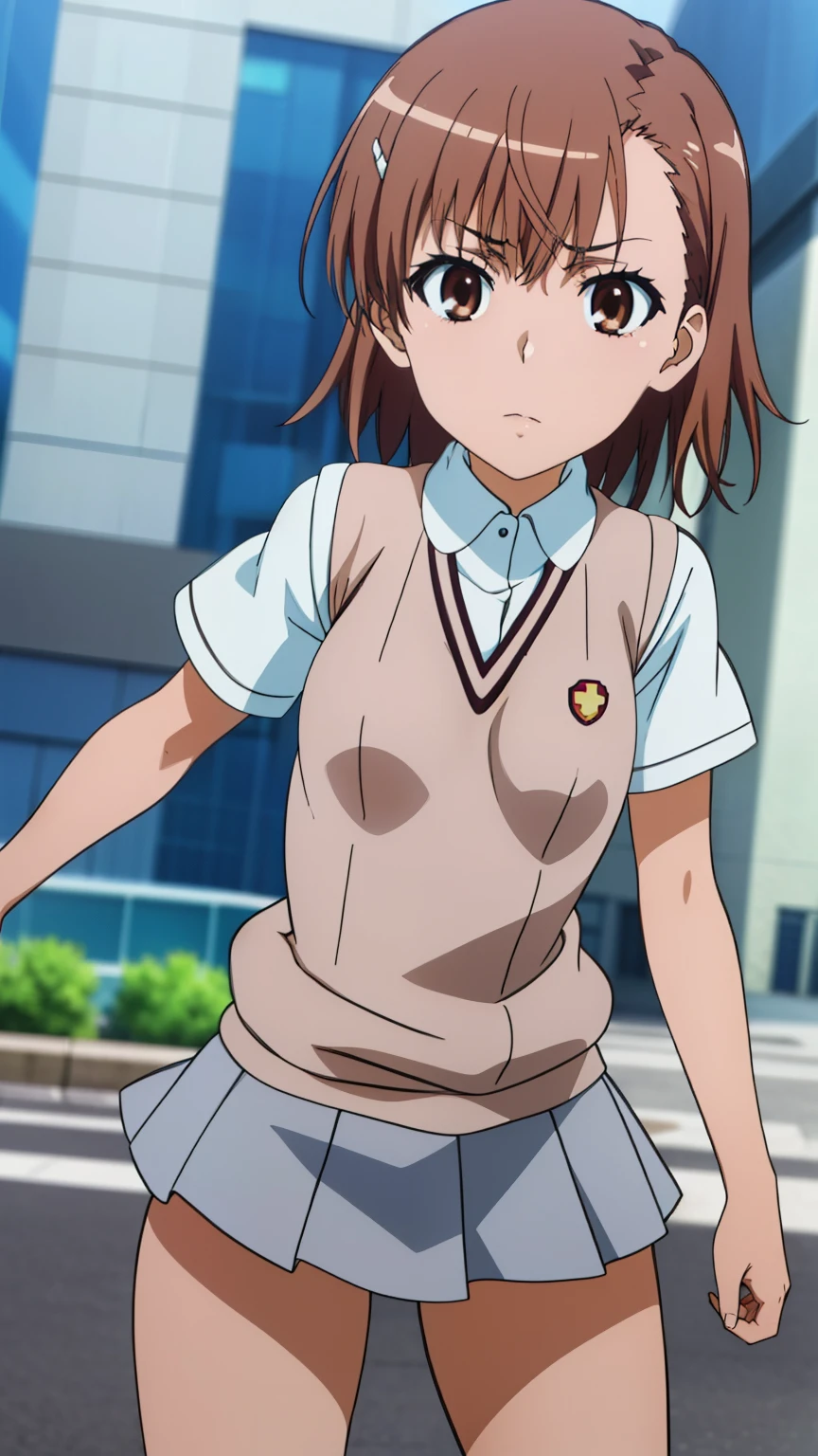 (masterpiece, best quality, high resolution, 8k:1.2), (anime coloring:1.2), highly detailed, beautiful eyes, perfect eyes, fine eyes, brown eyes, featuring big highlights, detailed face, highly detailed, fine eyes, symmetrical eyes, one girl, alone, Misaka Mikoto, brown hair, short hair, hairpin, (small breast), slim body, (tokiwadai school uniform, sleeveless sweater, (short sleeved white shirt), micro mini skirts, gray mini skirt, thighs, city), (battle scenes, electricity, plasma, action pose )looking at the viewer, in the center of the image, (cowboy shot), dutch angle,