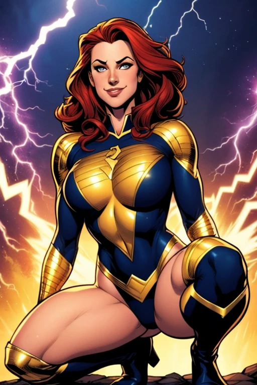 score_9, score_8_up, score_7_up, score_6_up, (((masterpiece))), (((Best Quality: 1.5))), Sexy, Superheroine, Red hair, long hair, busty, plump, curvy, ((blue highleg leotard with a t-back thong and a gold star insignia on chest)), gold boots, gold gloves,