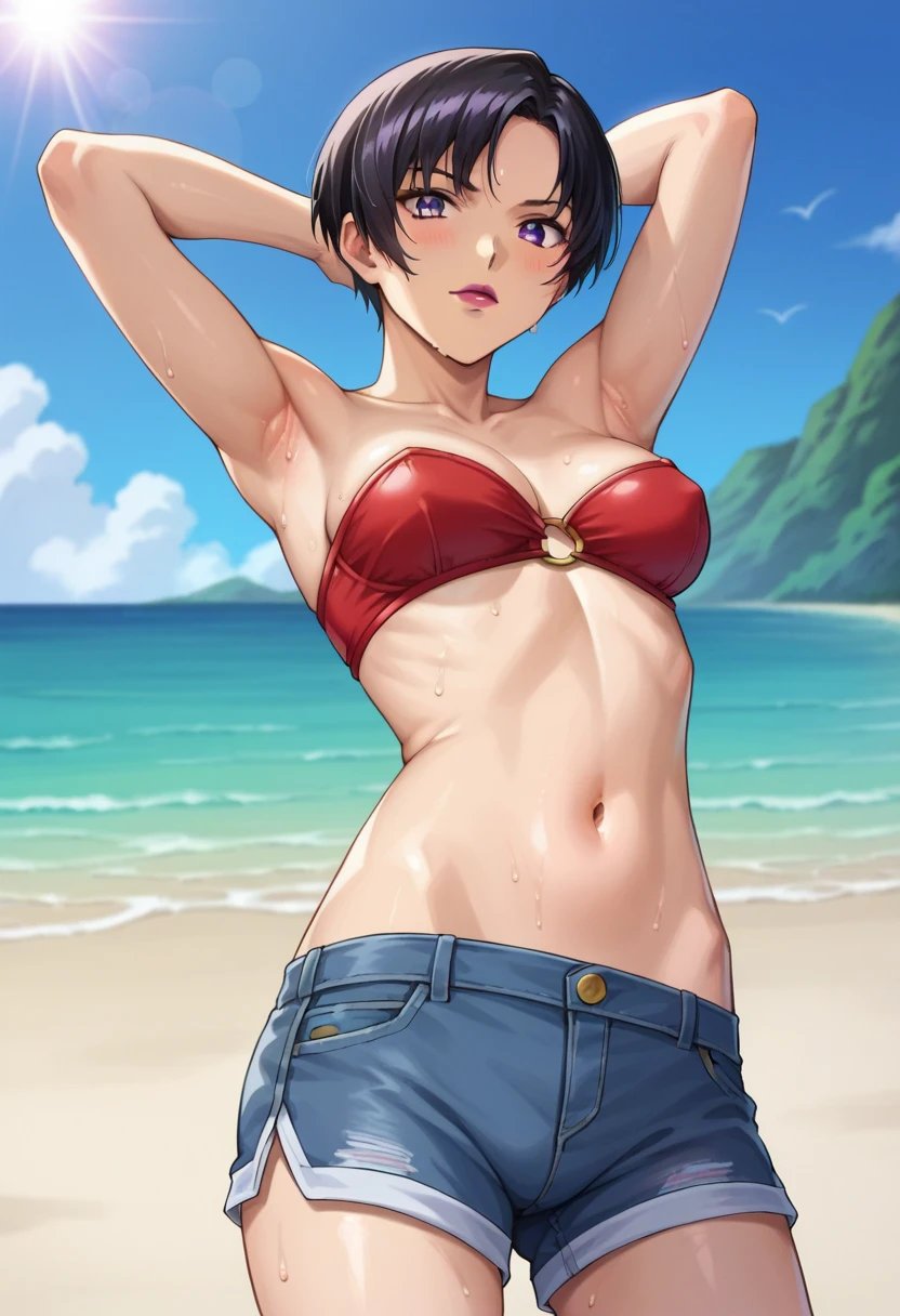 {45 years old, milf, black hair, tomboy, very short hair, side shave, red eyes, small breasts}, beach, bikini, seductive smile