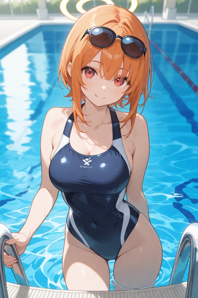 ((Best Quality)), ((masterpiece)), ((realist)) 1, redhead girl, shoulder length hair, relaxed happy face ((slender)) (busty), ((( Multicolor metallic turtleneck one-piece swimsuit ))) ((sexy )) textured pixie cut ) (((swimming pool))) 6 heads and a half full body